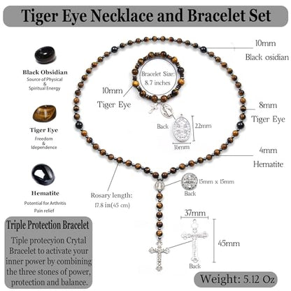 Rosary for Men Women, Natural Stone Beads with St. Benedict Bracelet | 8 mm Natural Stone Prayer Beads with 10 mm Accent Beads, St. Benedict Crucifix, Matching Bracelet, Gift Box and Pouch. - color: Tiger Eye