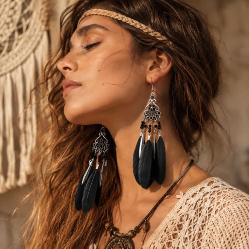 FRESHME Feather Earrings for Women - Native American Jewelry Boho Dangle Ethnic Indian Ear Drop for Music Festival Birthday - color: Black