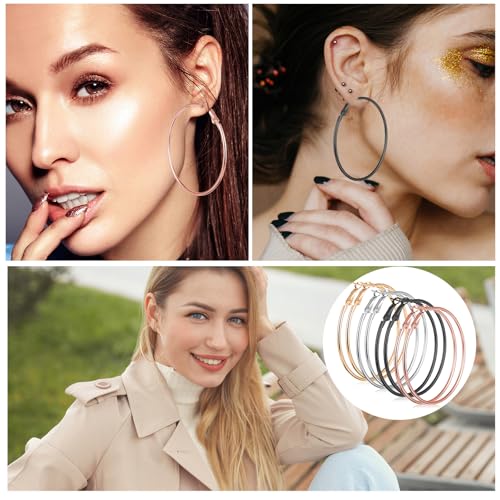 4 Pairs Stainless Steel Big Hoop Earrings for Women Gold Silver Rose Gold Black 2.3 Inch Large Circle Hoop Earrings