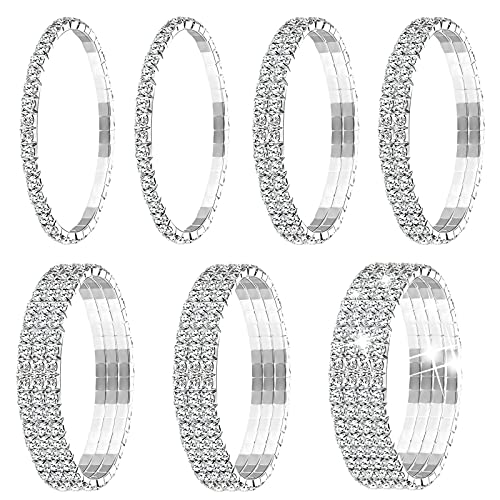 Yaomiao 7 Pieces Rhinestone Stretch Bracelet for Women Tennis Bangle Stackable Rhinestone Bracelet Wedding Jewelry Bridal (Silver)