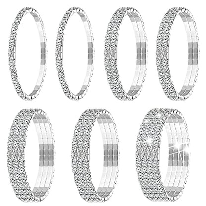 Yaomiao 7 Pieces Rhinestone Stretch Bracelet for Women Tennis Bangle Stackable Rhinestone Bracelet Wedding Jewelry Bridal (Silver)