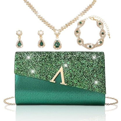 YYW 4 Pieces Women Evening Handbags Clutch Purse Bag with Rhinestone Crystal Jewelry Set for Wedding Party - color: green 2