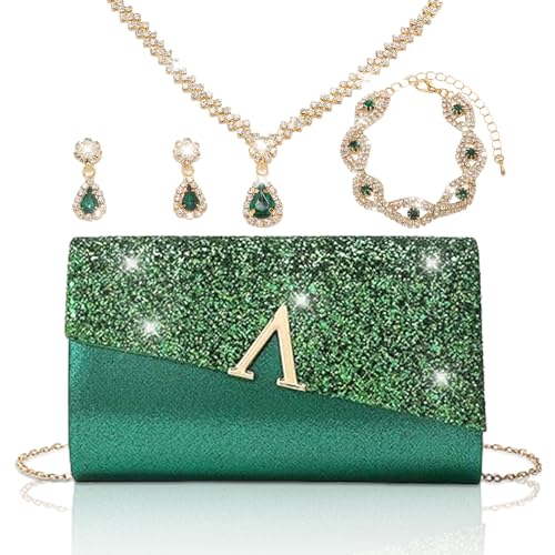 YYW 4 Pieces Women Evening Handbags Clutch Purse Bag with Rhinestone Crystal Jewelry Set for Wedding Party - color: green 2