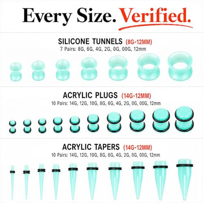 BodyJ4You 54PC Ear Stretching Kit 14G-12mm - Aftercare Jojoba Oil - Acrylic Plugs Gauge Tapers Silicone Tunnels - Lightweight Expanders Men Women - color: Green Turquoise