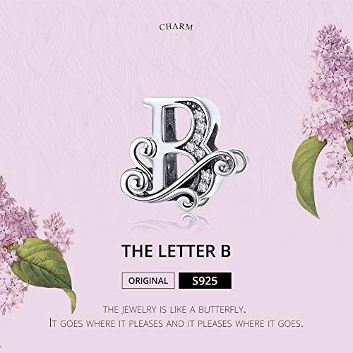 BISAER 925 Sterling Silver Initial Letter A-Z Charms for Bracelets Alphabet Beads Charm Jewelry Gifts - color: Letter B