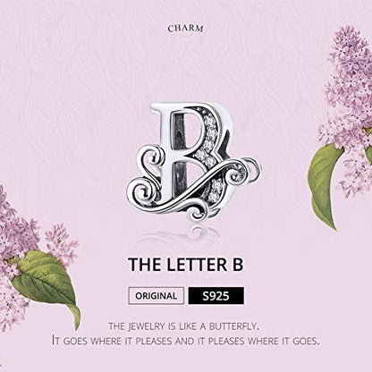 BISAER 925 Sterling Silver Initial Letter A-Z Charms for Bracelets Alphabet Beads Charm Jewelry Gifts - color: Letter B