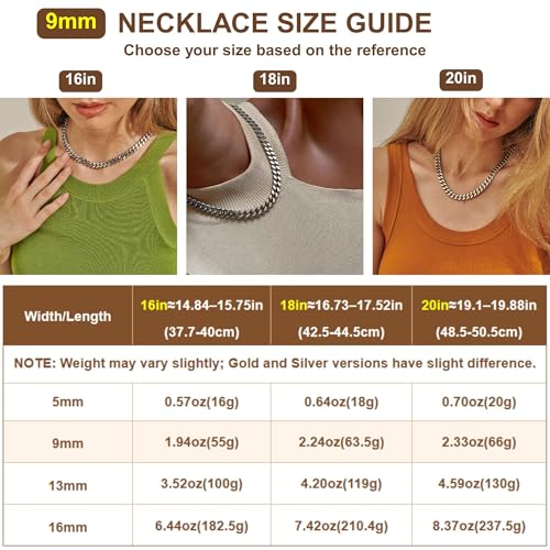 NOKMIT Chunky Cuban Link Curb Chain Necklace for Women Men Dainty 18K Gold Silver Tone Choker Thick Trendy Statement Diamond Cut Punk Hip Hop Cuban Chain Jewelry Gifts Unisex Size 5mm/9mm/13mm/16mm - color: 9mm-Gold, size: 18inches