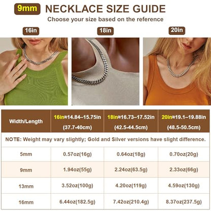 NOKMIT Chunky Cuban Link Curb Chain Necklace for Women Men Dainty 18K Gold Silver Tone Choker Thick Trendy Statement Diamond Cut Punk Hip Hop Cuban Chain Jewelry Gifts Unisex Size 5mm/9mm/13mm/16mm - color: 9mm-Gold, size: 18inches