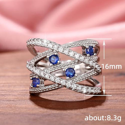 PAVOOI 14K Gold Plated X Ring Simulated Diamond CZ Criss Cross Ring for Women Juude Jewelers Silver Rose Gold Braided Wrap Knot Style Promise Statement Cocktail Party Ring(Silver Blue.A-US Code-6) - color: Silver Blue.A, size: (US Code-6)