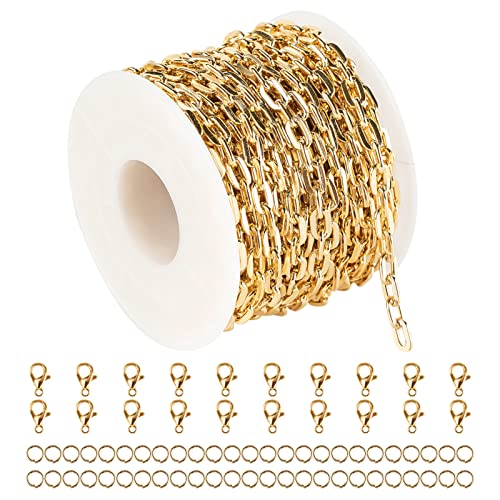 32.8 Feet Gold Plated Chain Bulk, Aluminum Paperclip Necklace Bracelet Chain for Women Men Jewelry Making Chain Roll with Jump Rings and Lobster Clasps - color: 4.3×6.8mm-Gold