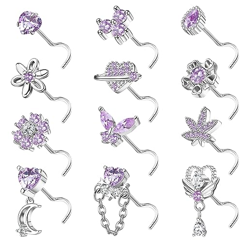 Sanfenly 12 PCS 20G Nose Rings Surgical Stainless Steel, L Shaped Nose Studs for Women Men, CZ Heart Butterfly Flower Leaf Moon Dangle Cute Nose Piercings Studs Screw Jewelry Pink/Purple/Blue/Clear - color: Screw Purple