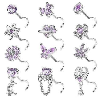 Sanfenly 12 PCS 20G Nose Rings Surgical Stainless Steel, L Shaped Nose Studs for Women Men, CZ Heart Butterfly Flower Leaf Moon Dangle Cute Nose Piercings Studs Screw Jewelry Pink/Purple/Blue/Clear - color: Screw Purple