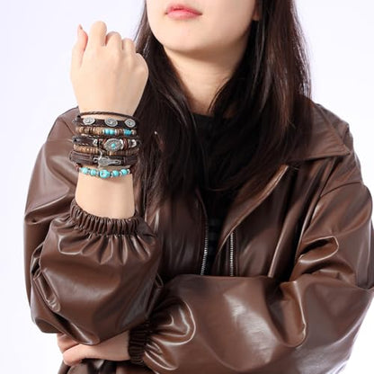 Mens Beaded Bracelets Tribal Wooden Elastic Adjustable Prayer Beads Wrap Cuff for Women - color: R: 5pcs