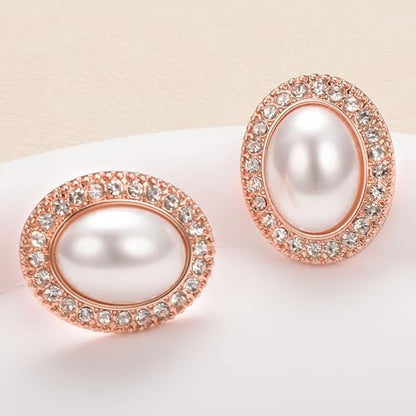 Pearl and Rhinestone Stud Earrings for Women Retro Statement Earrings Wedding Party Prom Jewelry - color: Mabe Pearl-Rose Gold