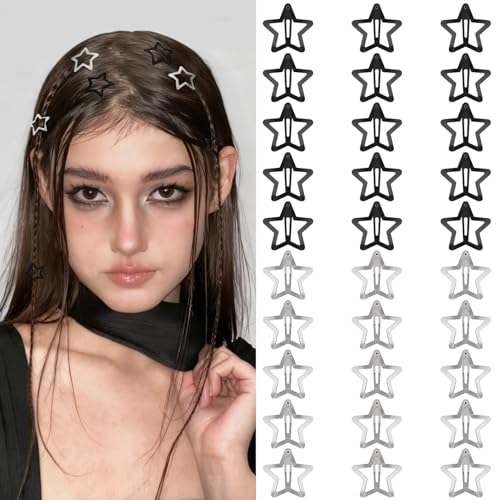 Star Hair Clips 2000s Y2K Black Silver Star Hair Accessories Snap Hair Barrettes Non Slip Metal Hair Clips for Girls Women -30 PCS 1.18" - color: 30 P -1.18"-black,silver