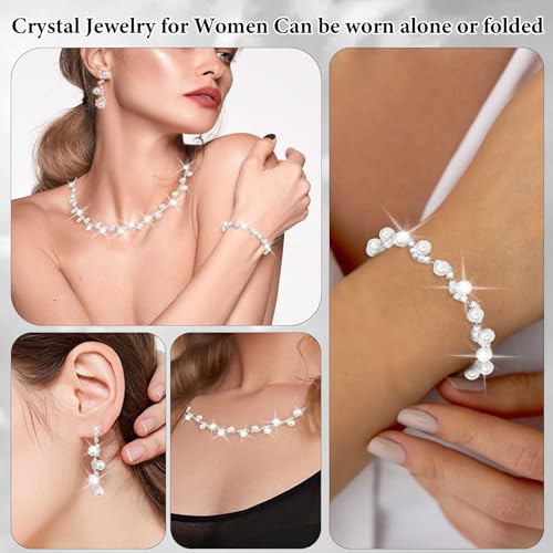 CAVETEE Jewelry Set - Prom Jewelry Crystal Bridal Necklace, Bracelet & Pendant Earring Jewelry Set for Women - style: Pearl