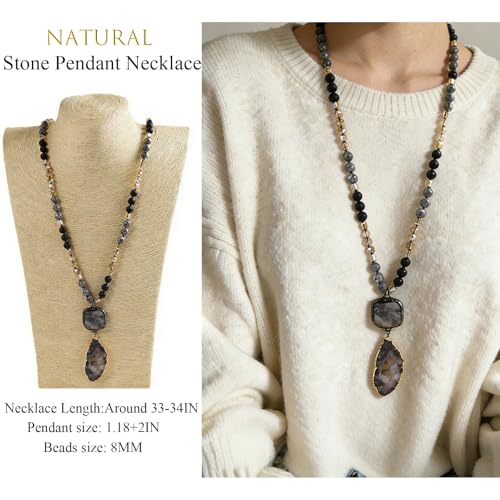 Yomisa Long Necklaces for Women Trendy, 33/34/35 inch | Boho Beaded Necklaces for Women, Natural Stone Pendant, Handmade Knotted Bead, Bohemian Holiday Summer Western Charm Jewelry - color: 34inch-Lava Stone