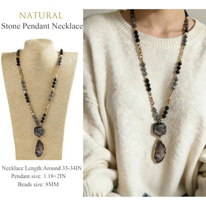 Yomisa Long Necklaces for Women Trendy, 33/34/35 inch | Boho Beaded Necklaces for Women, Natural Stone Pendant, Handmade Knotted Bead, Bohemian Holiday Summer Western Charm Jewelry - color: 34inch-Lava Stone