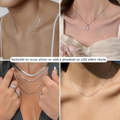 FUNEIA 925 Sterling Silver Necklace for Women Trendy Dainty Real Silver Chain Necklace Simple Thin Box Chain Beaded Chain Snake Chain Herringbone Necklaces Jewelry 14/16/18 Inch - color: 0.8mm Box Chain