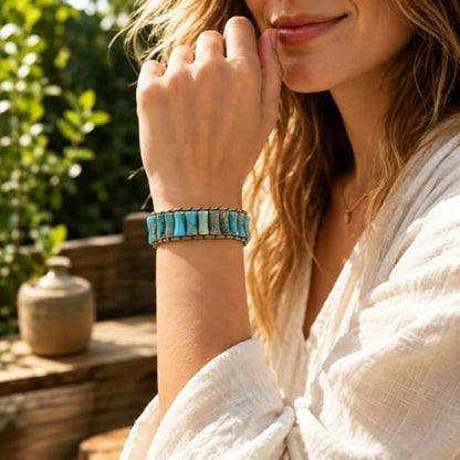 MOINSPIRE Boho Beaded Bracelets for Women - Adjustable Handmade Wrap Bracelet with Tube Natural Stone Beads, Colorful Beaded Strap Bohemian Jewelry Braided for Birthday Gifts - color: Turquoise Blue