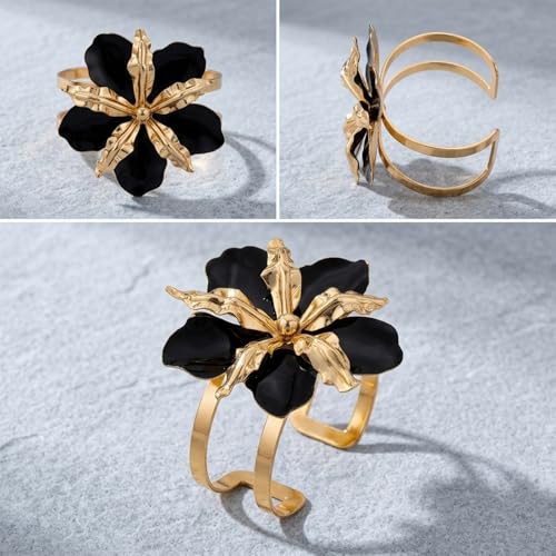 EVKILKJS Black and Gold Bracelet Women's Thick Gold Bangle Wide Band Hammered Floral Pattern Medieval Vintage Style Fashion Accessory