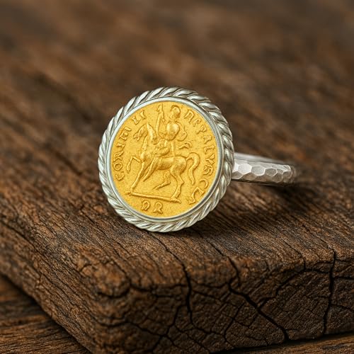 CAPRIXUS Signet Ring 925 Sterling Silver Coin Ring 24K Gold Vermeil Designer Handmade Rings for Women Two Tone Hammered Pinky Ring Turkish Fine Jewelry