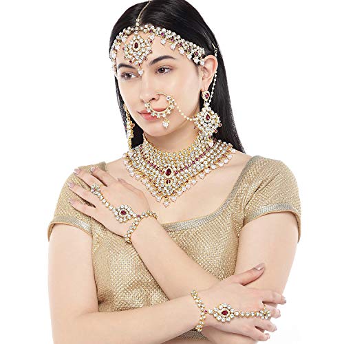 Aheli Bollywood Style Indian Bridal Choker Necklace Matha Patti Nose Ring Haath Phool Wedding Fashion Bharatanatyam jewellery set for Women - color: Pink