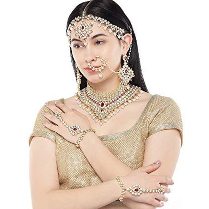 Aheli Bollywood Style Indian Bridal Choker Necklace Matha Patti Nose Ring Haath Phool Wedding Fashion Bharatanatyam jewellery set for Women - color: Pink