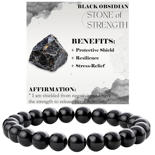 Bivei 8mm Beaded Bracelets for Women Handmade Semi Precious Natural Stone Stretch Elastic Jewelry Yoga Protection Gifts - color: Black Obsidian - Strength, size: Small 6.5-6.7 inch