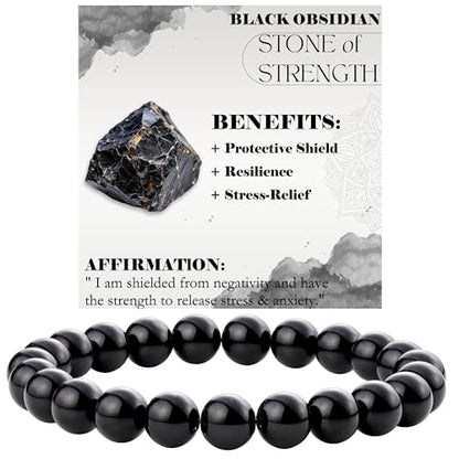 Bivei 8mm Beaded Bracelets for Women Handmade Semi Precious Natural Stone Stretch Elastic Jewelry Yoga Protection Gifts - color: Black Obsidian - Strength, size: Small 6.5-6.7 inch