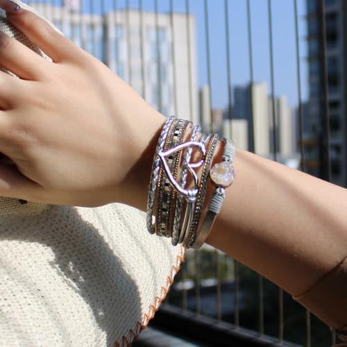 Womens Love Heart Leather Wrap Bracelet Multi-layer Stacked Bangle | Magnetic Clasp Soft PU Leather Resin Stone Rhinestone Boho Style Birthday Valentine Christmas Bohemian Jewelry Gift - color: White-gold