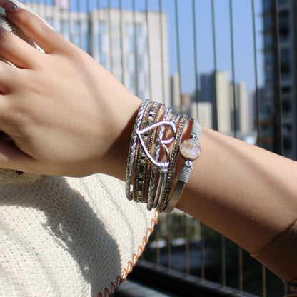 Womens Love Heart Leather Wrap Bracelet Multi-layer Stacked Bangle | Magnetic Clasp Soft PU Leather Resin Stone Rhinestone Boho Style Birthday Valentine Christmas Bohemian Jewelry Gift - color: White-gold