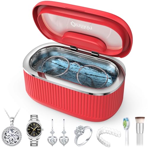 45KHz Ultrasonic Jewelry Cleaner, 5 Timer & 3 Power Modes, 35W Retainer Cleaner for Jewelry, Eyeglasses, Rings, Watch Strap, Dentures - Quiet <38dB, 20oz, 304 Stainless Steel (Red) - color: Red