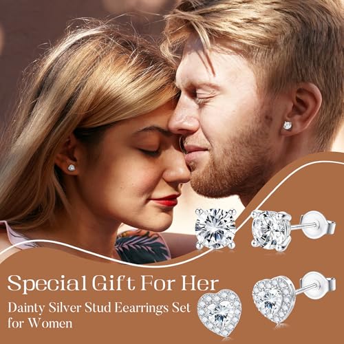 SAILIMUE Hypoallergenic Sterling Silver Stud Earrings for Women Men | Brilliant Heart Knot Round Cubic Zirconia Earring Studs for Sensitive Ears Gold Silver Tone - color: silver-A