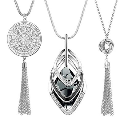 3PCS Long Pendant Necklaces for Women Disk Circle Pendant Triple Stack Pendant Necklace Tassel Sweater Necklace Statement Necklace Y Necklaces Set - color: Silvertone B