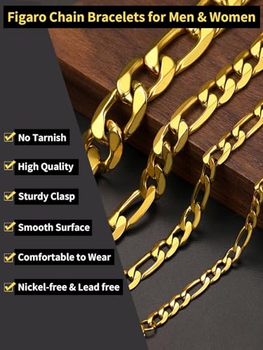 ChainsHouse Figaro Link Chain Bracelet for Men Stainless Steel Jewelry | Black/ Gold Bracelets Men, 6/9/13mm Figaro Cuabn Bracelets 7.5"/8.3", Chunky Hip Hop Wrist Hand Chain Bracelet for Gift - color: a: 6mm-gold