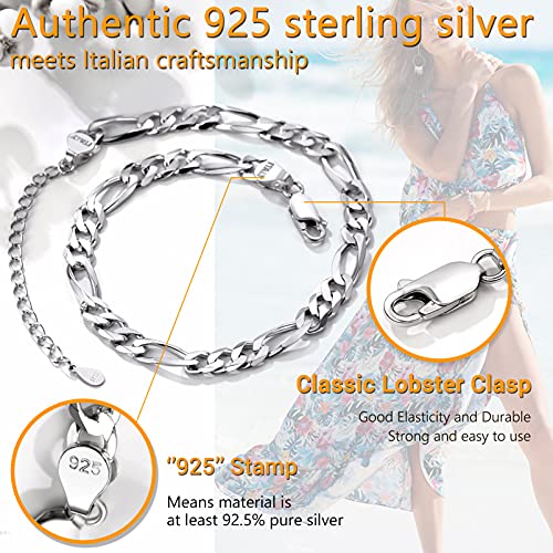 PROSILVER 925 Sterling Silver Ankle Bracelets For Women, Stylish Chain Anklets, Summer Beach Jewelry, 8.6-10.6 Inch Adjustable, Come with Box - style: 03 Figaro Anklet-5mm