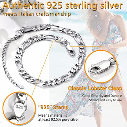 PROSILVER 925 Sterling Silver Ankle Bracelets For Women, Stylish Chain Anklets, Summer Beach Jewelry, 8.6-10.6 Inch Adjustable, Come with Box - style: 03 Figaro Anklet-5mm