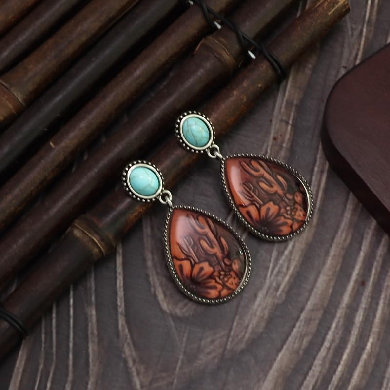 Boho Western Earrings for Women Western Feather Earrings Vintage Concho Turquoise Teardrop Dangle Earrings Country Concert Jewelry Accessories - style: Silver Brown Turquoise