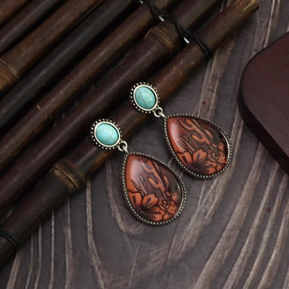 Boho Western Earrings for Women Western Feather Earrings Vintage Concho Turquoise Teardrop Dangle Earrings Country Concert Jewelry Accessories - style: Silver Brown Turquoise