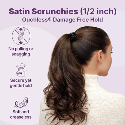 Goody Ouchless Half Inch Satin Scrunchies, Frizz Fighting, No Damage Scrunchies, All Hair Types, Gentle, Secure & Creaseless Hair Ties for Day and Overnight, Gifts for Women & Girls, 5 Ct, Black - style: Half Inch/Medium