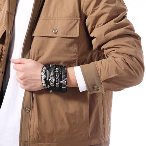 Braided Faux Leather Bracelet Punk Cuff Wrap Bracelets for Men Women Skull,Star,Bull bracelets - color: A7:5PCS