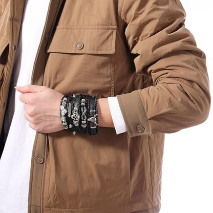 Braided Faux Leather Bracelet Punk Cuff Wrap Bracelets for Men Women Skull,Star,Bull bracelets - color: A7:5PCS
