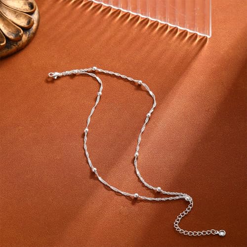 Gold Ankle Bracelets for Women Waterproof, 14K Gold/Silver Plated Layered Beaded Heart Anklets for Women Trendy Dainty Cuban Link Chain Anklets Set Summer Beach Jewelry Gift