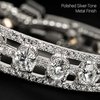 Triple-Row Open Cuff Bracelet for Women with Faux Pearl Center and Crystal-Set Metal Bands, Adjustable Bangle for Wedding and Daily Wear - color: Silver