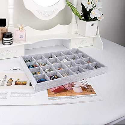 Emibele Jewelry Necklace Bracelets Earrings Organizer, 24 Grids Velvet Tray | Showcase Display Velvet Stackable Jewelry Storage Tray with Detachable Inner Dividers, Greay - style: E1- twenty-four Grids