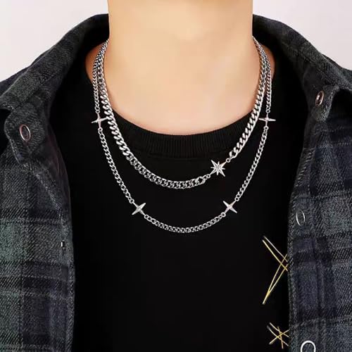 Gothic Cross Star Necklace For Men Women Silver Stainless Steel Cuban Link Paperclip Figaro Bead Chain Punk Kpop Y2k Goth Irregular Layered Cross Pendant Necklace Non Tarnish Jewelry Gift - color: Silver H