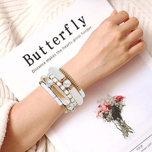 GOOJIDS Simple Beaded Gold Plated Bangles Bracelet Chunky Bamboo Tube Curved Stacking Clear Acrylic Colorful Beads Stretchable Gold Plated Bracelets Set For Women - color: A-A1 Ivory Set
