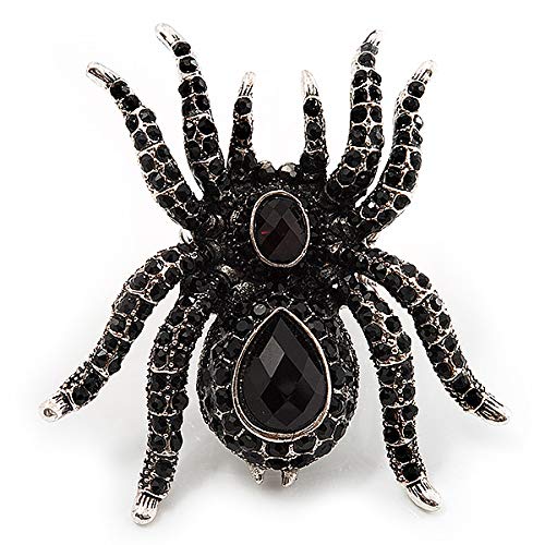 Avalaya Oversized Jet Black Crystal Spider Stretch Cocktail Ring (Silver Tone)