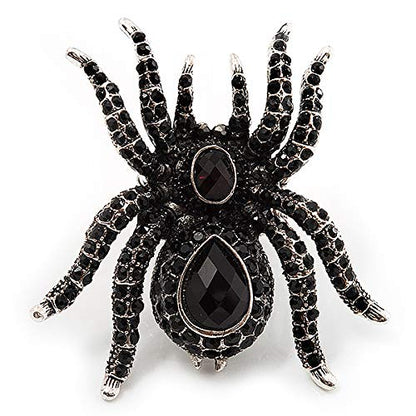 Avalaya Oversized Jet Black Crystal Spider Stretch Cocktail Ring (Silver Tone)